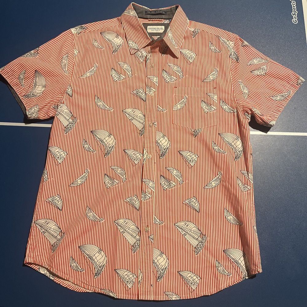 Oxford Blue‎ Button Up Shirt Size L Red Stripes Sail Boats Sailing Yacht Club